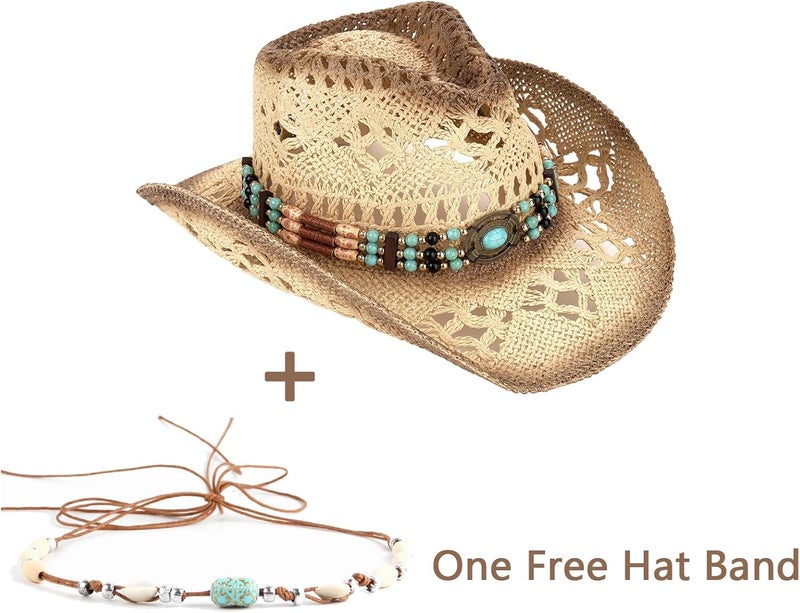 Foeran Men's Women's Straw Cowboy Hat Cowgirl Woven Sun Hat Western Cowboy Hat Two Decorative Bands - Image 5